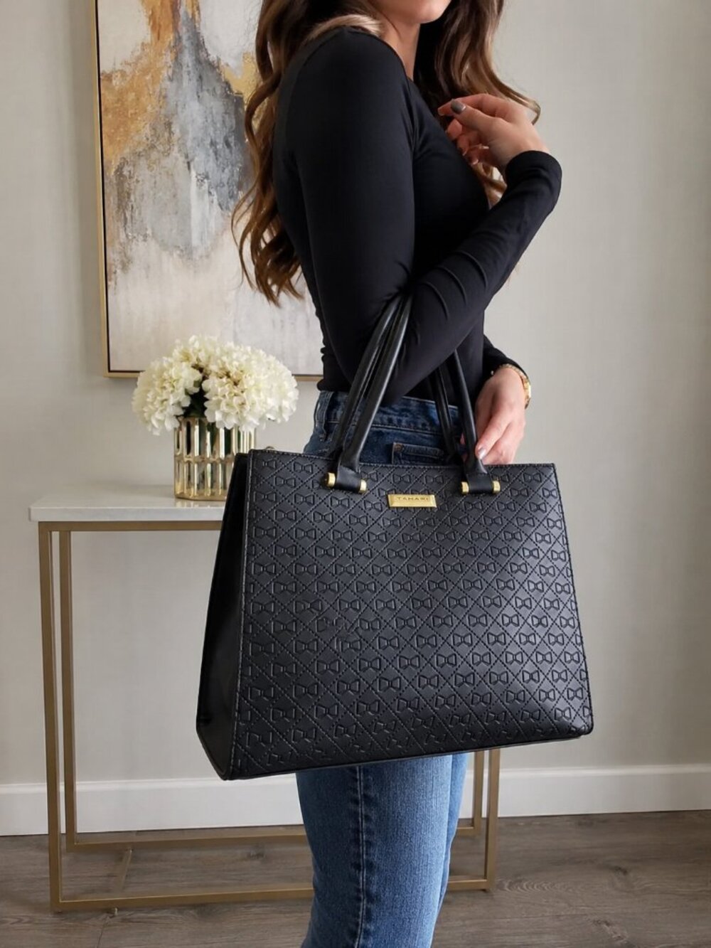 Tahari Black and gold Embossed Monogram Tote Bag